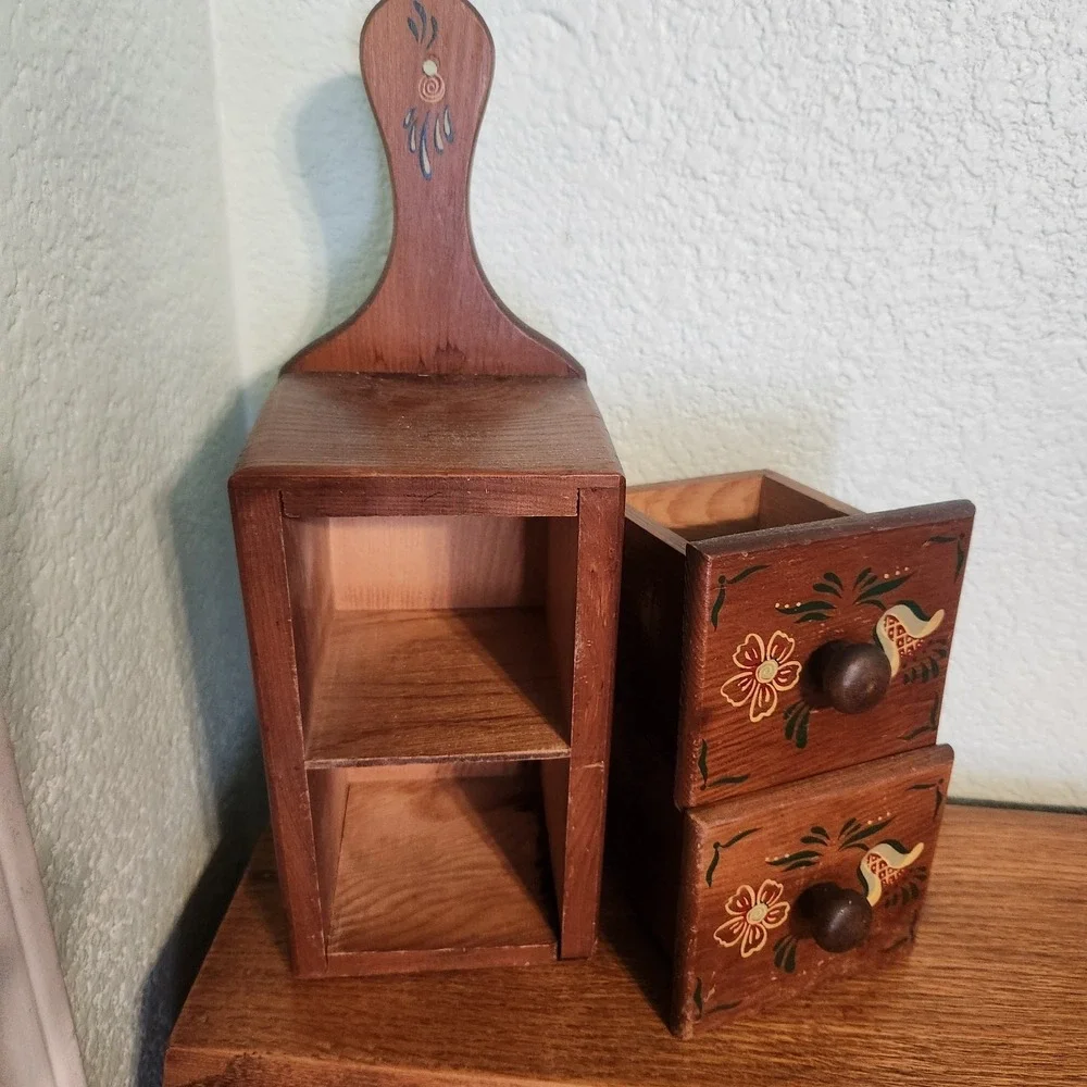Vtg Folk Art Hand Painted Mini Two Drawer Wood Hanging Shelf A.A. Import Taiwan